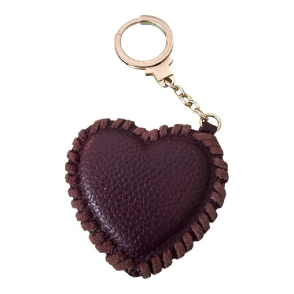 Kate Spade Burgundy Leather Heart Keychain & Bag Charm Accessory W/ Cross Stitch